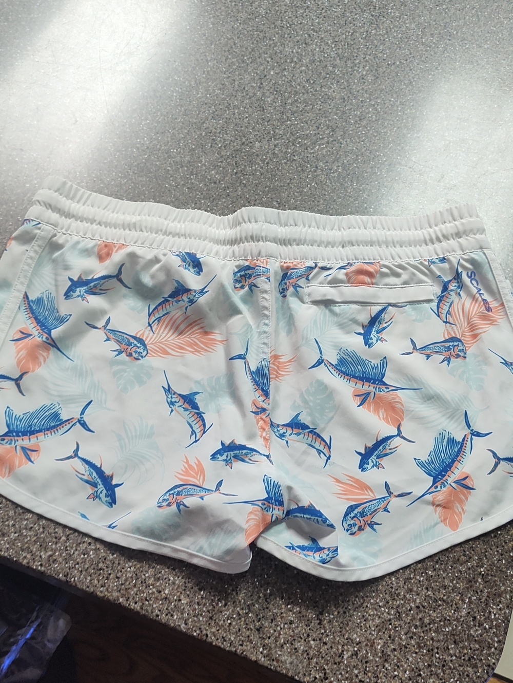 Women's White Fish-Print Athletic Swim Shorts